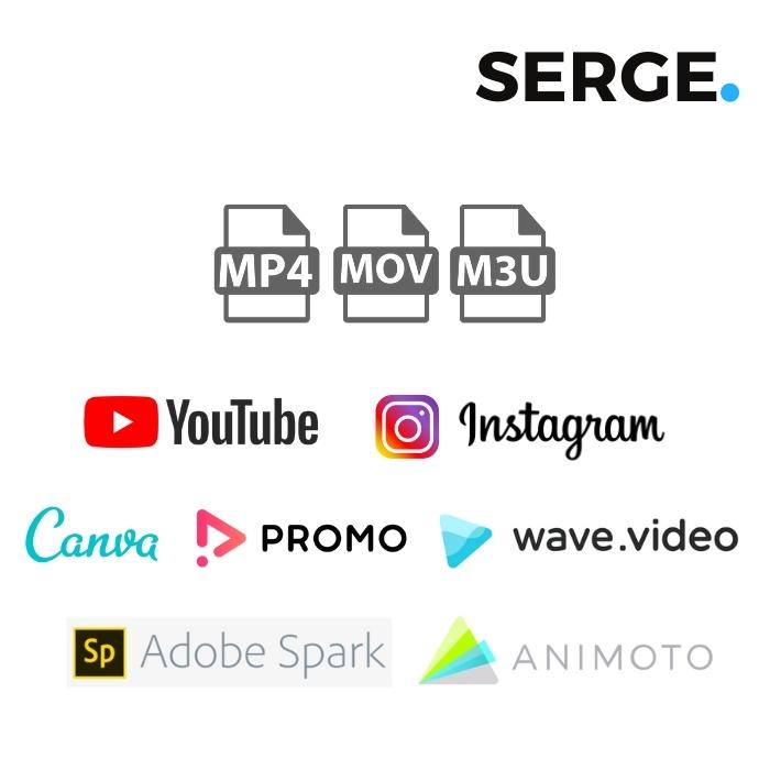 Boîtier TV SERGE est compatible avec les vidéos CANVA, APPLE, Android, Instagram, Promo, Wave.Video, Adobe Spark, Animoto etc